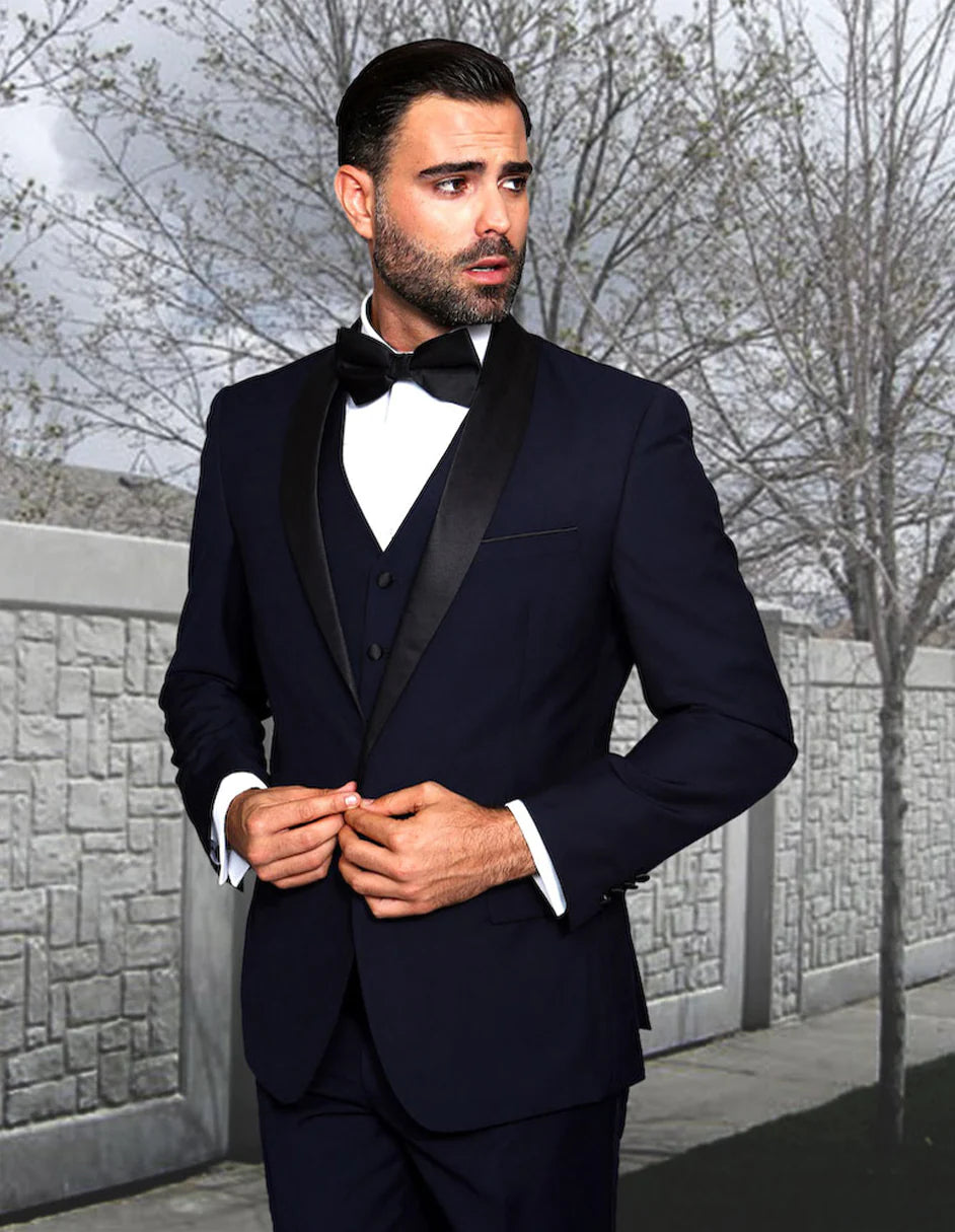 Mens Navy Blue Wedding Tuxedo - Dark Blue Tuxedo Suit" Mens Vested Shawl Lapel Wool Tuxedo in Navy Blue