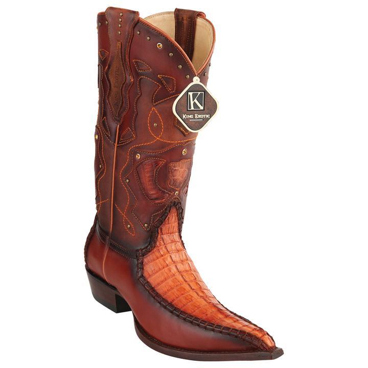Men's King Exotic Boots Genuine Baby Caiman Tail 3x Toe Burnished Cognan (495v20103) - 6