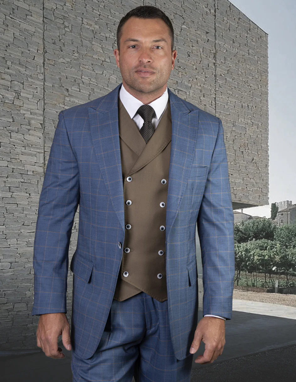 100 Percent Wool Suit - Mens One Button Wool Business French Blue Suits - 38 Short Jacket+32 Waist Adjustable 28to34)(Height: 5 4 to5 7 )(Neck 15-16.5)S-M)