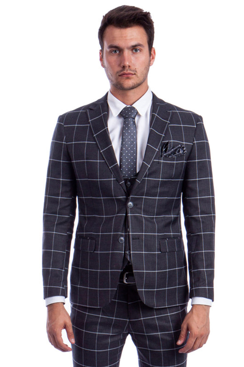 "Grey & White Windowpane Plaid Men's Slim Fit Two Button Vested Suit"