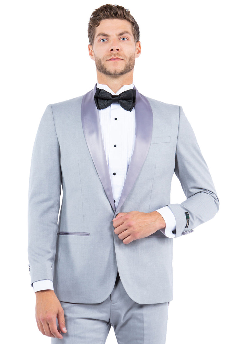 "Men's Light Grey Modern Fit Shawl Lapel Tuxedo Jacket"