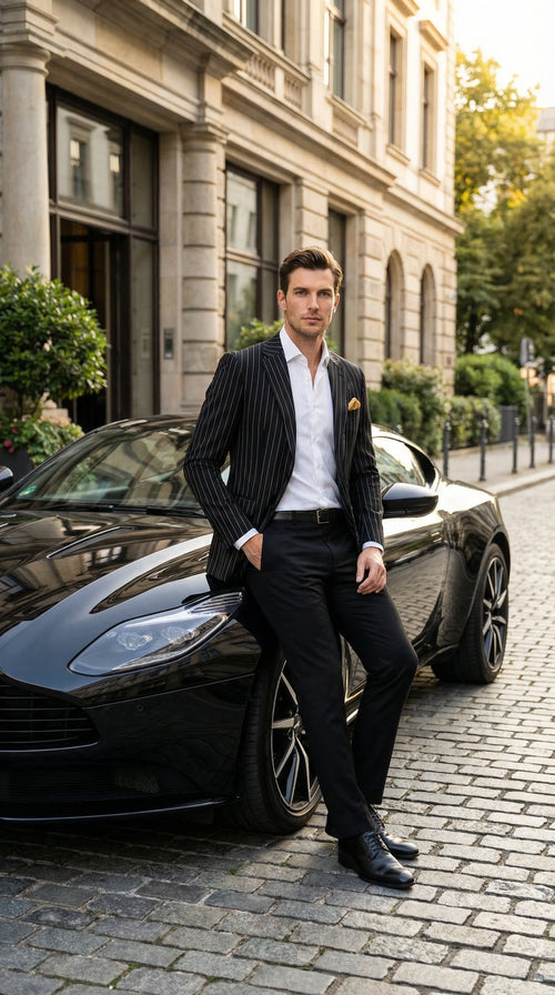 Mens Black Pinstripe Blazer Classic Tailored Formal Jacket for Business, Office and Evening Wear