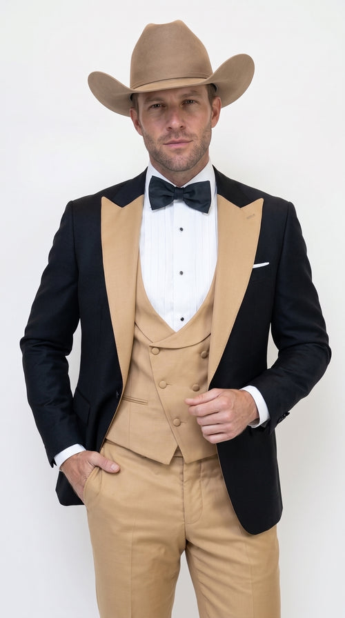 Men's Western Khaki Cowboy Tuxedo Suit – Black & Tan Beige Peak Lapel 3-Piece Vested Formal Cowboy Suit
