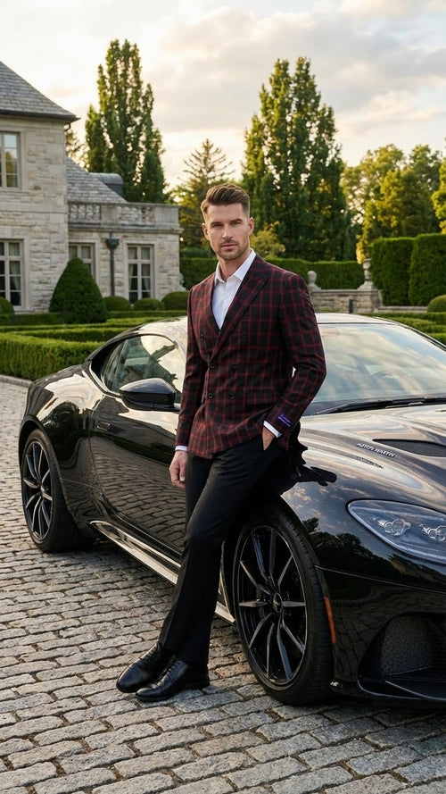 Mens Black and Red Check Double Breasted Blazer Sport Coat Jacket Windowpane Sportcoat Slim Fit