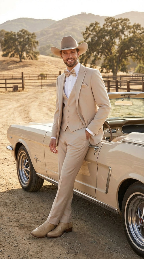 Mens Beige Tan Khaki CowboyTuxedo Suit Western Formal Three Piece Suit with Jacket Vest and Pants