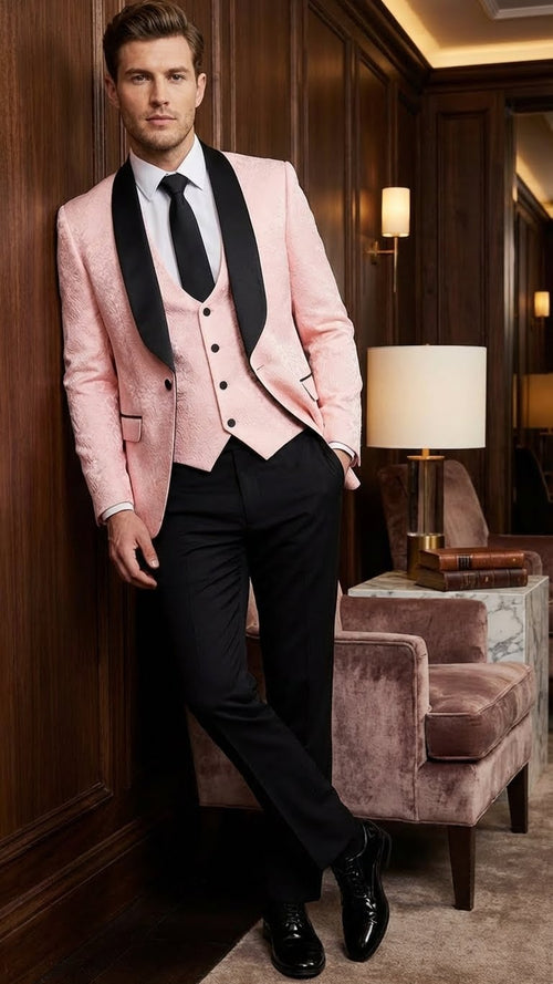 Mens Blush Pink Tuxedo Suit Set with Black Shawl Lapel 3 Piece Formal Wedding and Party Prom Vest + Black Pants