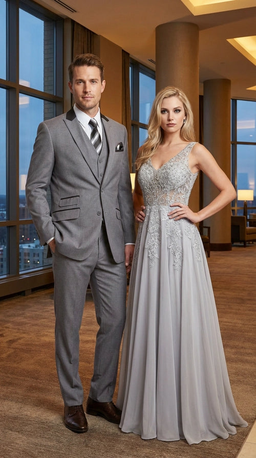 Men’s Light Gray Three Piece Suit with Black Chesterfield Collar – Classic Formal Wedding and Business Suit Set 1920s Vintage