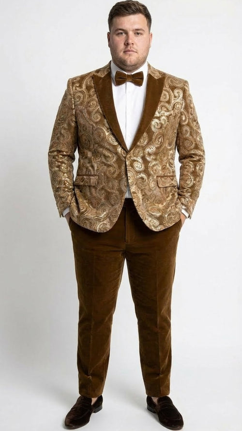Mens Goldish Light brown Tuxedo dinner Jacket Embroidered Blazer Velvet Jacket for Formal Paisley Pattern Coffee Mocca Color