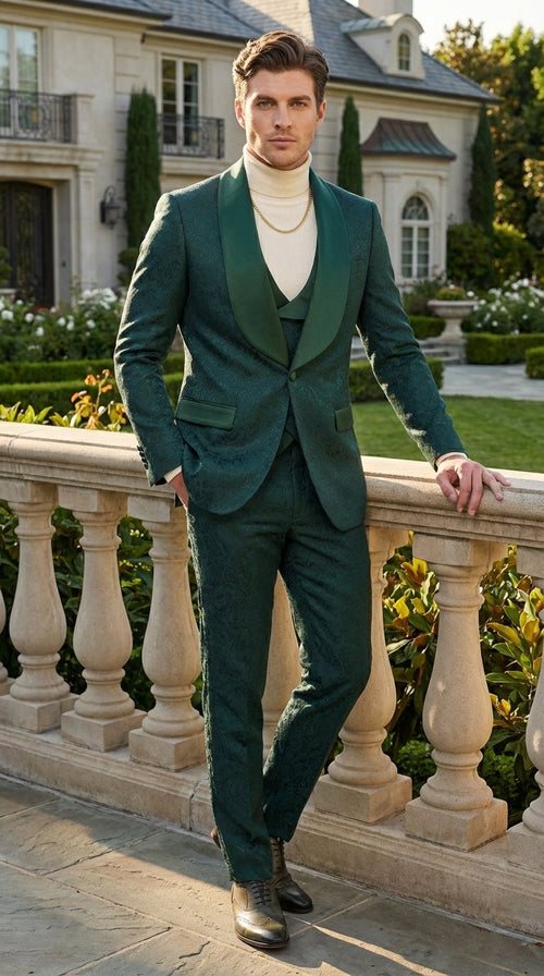 Mens Hunter Green Wedding Tuxedo Suit β Paisley Pattern Three Piece Formal Suit Set with Shawl Lapel for Groom, Prom in Emerald green