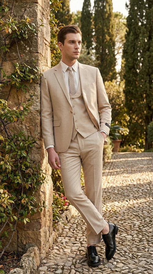 Mens Sand Beige 3 Piece Suit – Double breasted Vest Formal Suit Set and Dress Pants in Champaign Natural Summer Color