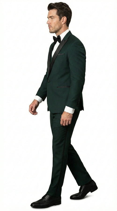 Men’s Hunter Green Tuxedo Suit 3 Piece – One Button Peak Lapel Designer Formal Suit for Wedding, Light Weight Wool By Statement Dark Green