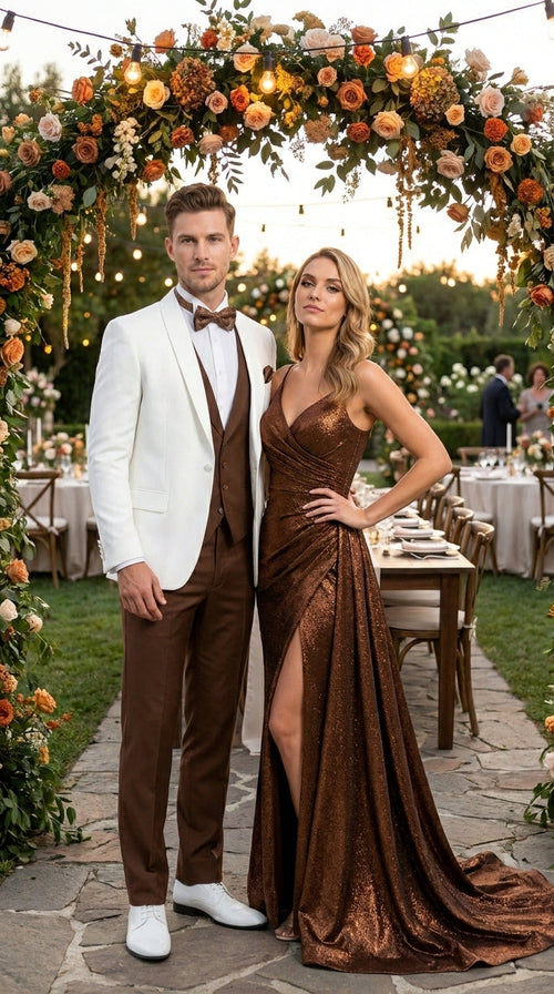 Men’s Ivory and Brown 3 Piece Suit – Elegant White Blazer with Brown Vest and Trousers for Wedding, Prom and Formal Events in off White Cream + Bowtie