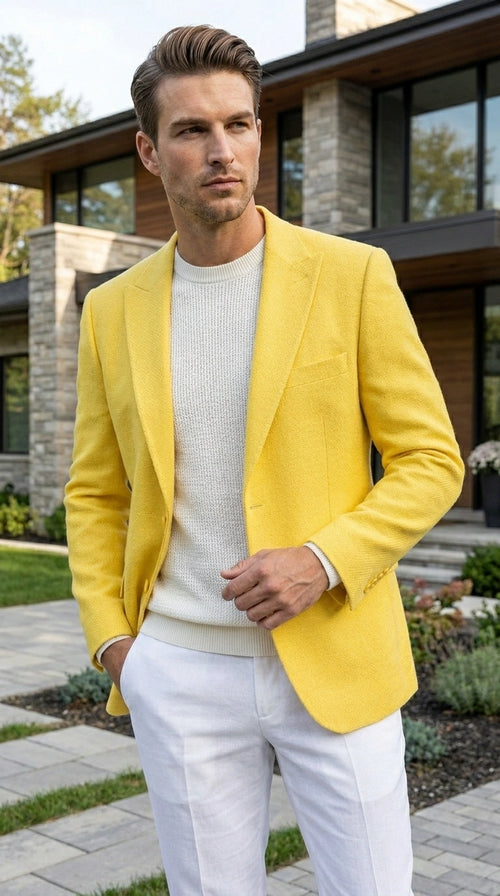 Zacci Brand Men’s Lemon Yellow Blazer Peak Lapel Hopsack Weave – Stylish Formal Blazer Jacket for Wedding, Party, Prom and Smart Casual Wear