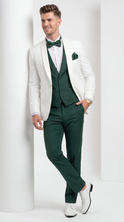Men’s White and Hunter Green 3 Piece Suit – Elegant Formal Suit with Vest, Wedding Tuxedo Suit for Prom and Party Wear
