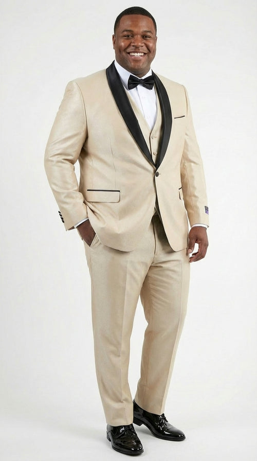 Mens Champagne Beige Shiny Tuxedo 3 Piece Suit with Black Shawl Lapel | Formal Wedding Prom Suit Set in Sand Light Tan Color