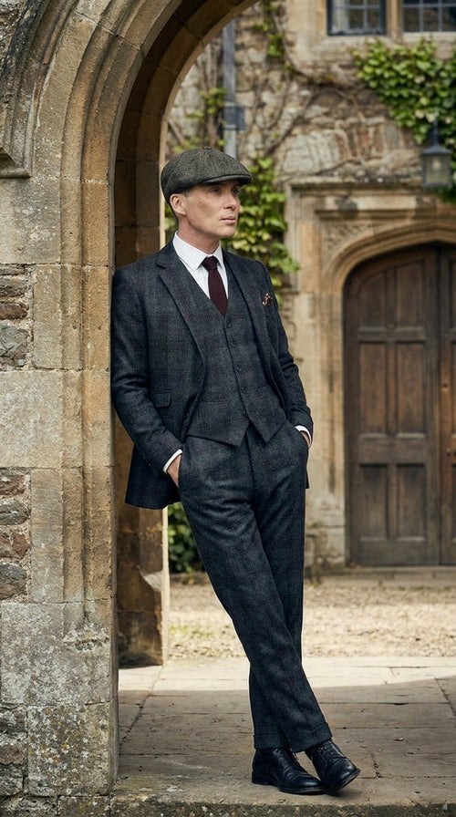 Men's Thomas Shelby Dark Grey Plaid 3-Piece Suit – Peaky Blinders 1920s Vintage Tweed-Style Wedding Suit with Matching Vest & Pants