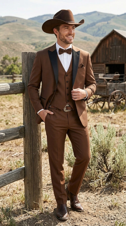Men’s Light Brown Western Tuxedo 3 Piece Suit with Black Collar Lapel, Country Look Cowboy Suit