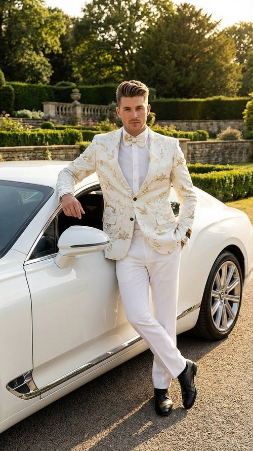 Mens White and Gold Patterned Blazer Paisley Floral Pattern Prom Wedding Suit Tuxedo Dinner Jacket + Bowtie