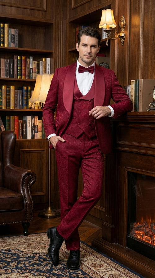 Mens Burgundy Wedding Tuxedo Suit β Paisley Three Piece Formal Suit Set with Shawl Lapel for Groom, Prom