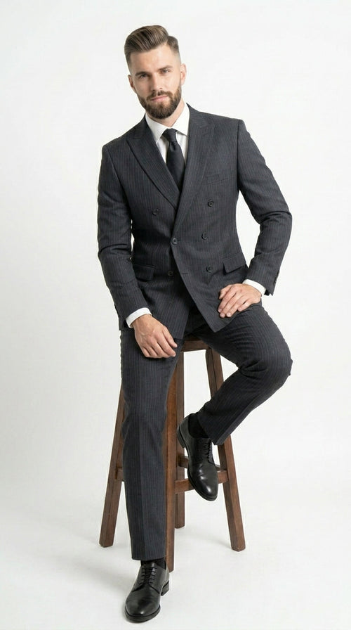 Men’s Black Pinstripe Double Breasted Suit – Classic Formal Business Suit Office and Evening Wear Modern Fit Conservative pattern