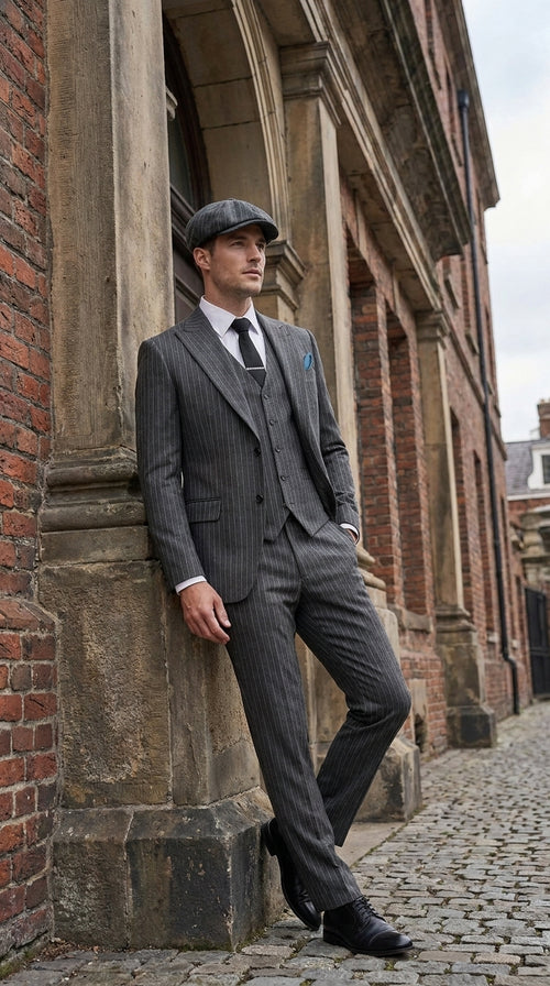 Men’s Thomas Shelby Peaky Blinders Gray Wool Suit Out fit Charcoal Grey Pinstripe 3-Piece Vintage 1920s Suit
