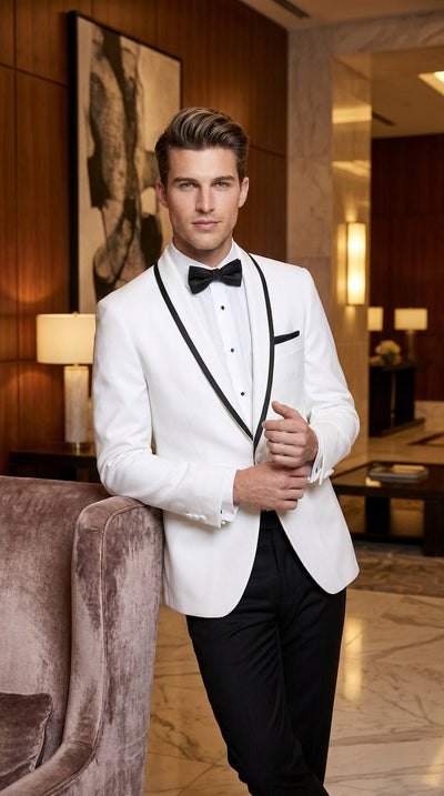 Men’s White Tuxedo Jacket – Black Trim Shawl Lapel Formal Dinner Blazer for Weddings, Prom Wedding Blazer Modern fit