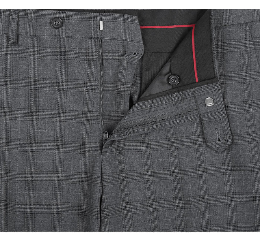 "Charcoal Grey Windowpane Plaid Men's Classic Fit Vested Suit - Two Button" - 34 Short