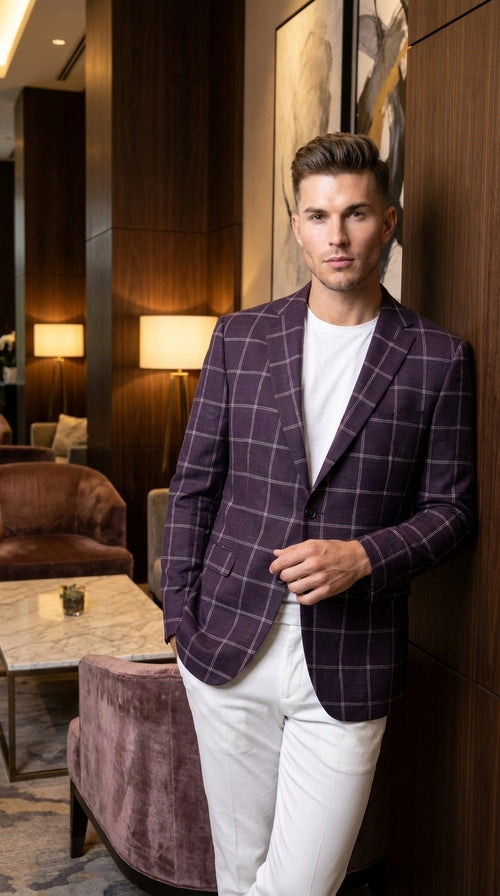 Men's Purple Windowpane Sport Coat β Classic Fit Plaid Blazer Jacket for Business, Wedding & Casual Wear