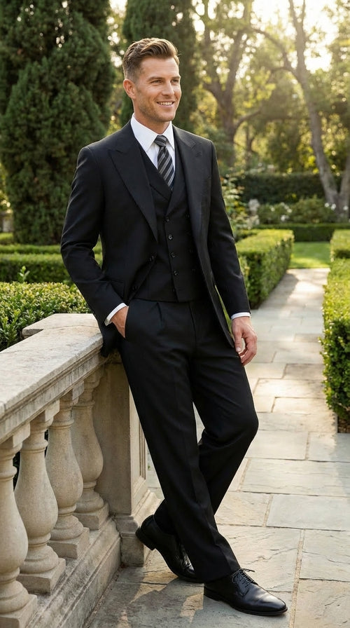 Tiglio Mens Black 3 Piece Suit β Single Button Classic Fit Pleated Wide Leg Pants Formal Business Chruch Suit - 100% Wool