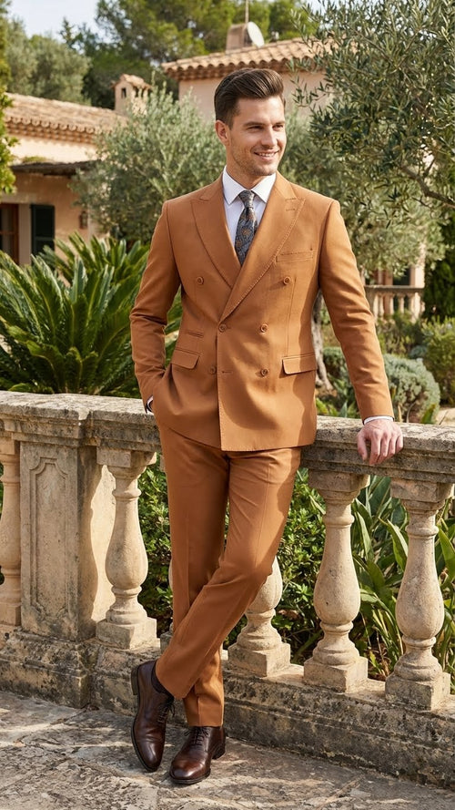 Mens Vitali Brand Rustish Orange Brown Copper Color Double Breasted Slim Fit Suit