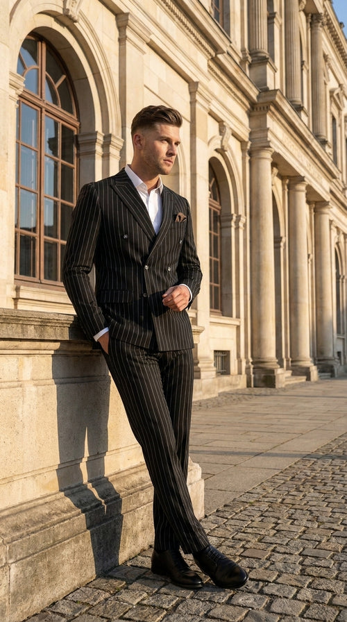 Men's Black Pinstripe Tuxedo Suit – Classic & 1920s Gangster Formal Wear Vintage 1940s 1930s Look