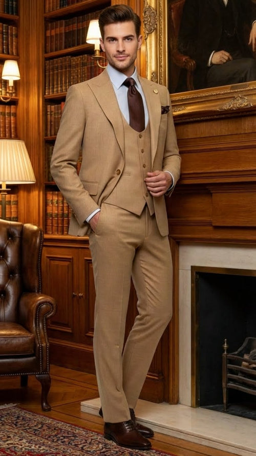 Men's Tan Three-Piece Suit with Vest Classic Tailored Fit in camel khaki Bronze color By Rossiman