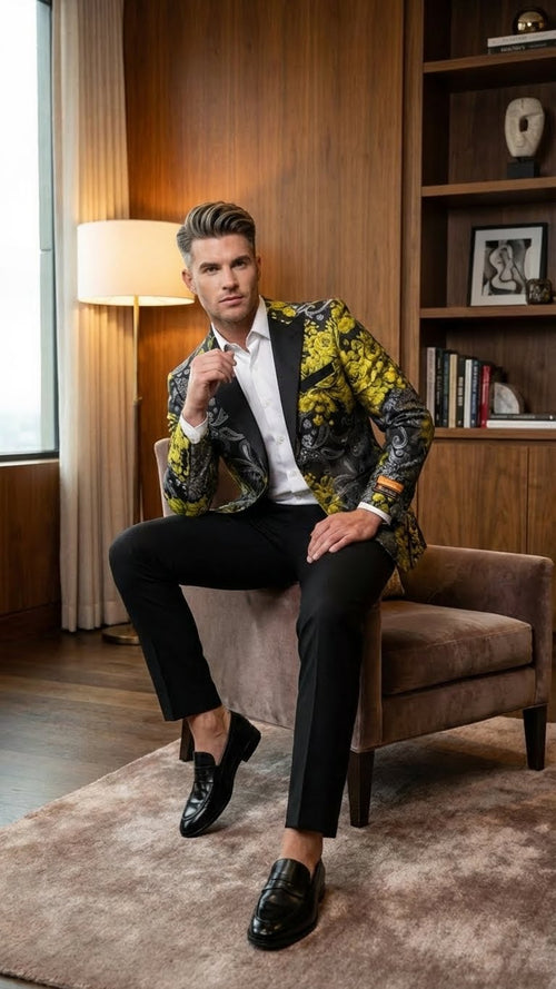 Mens Yellow Tuxedo Black and Gold Floral Pattern Blazer | Formal Jacket - Prom Dinner Jacket + Black Pants + Bowtie