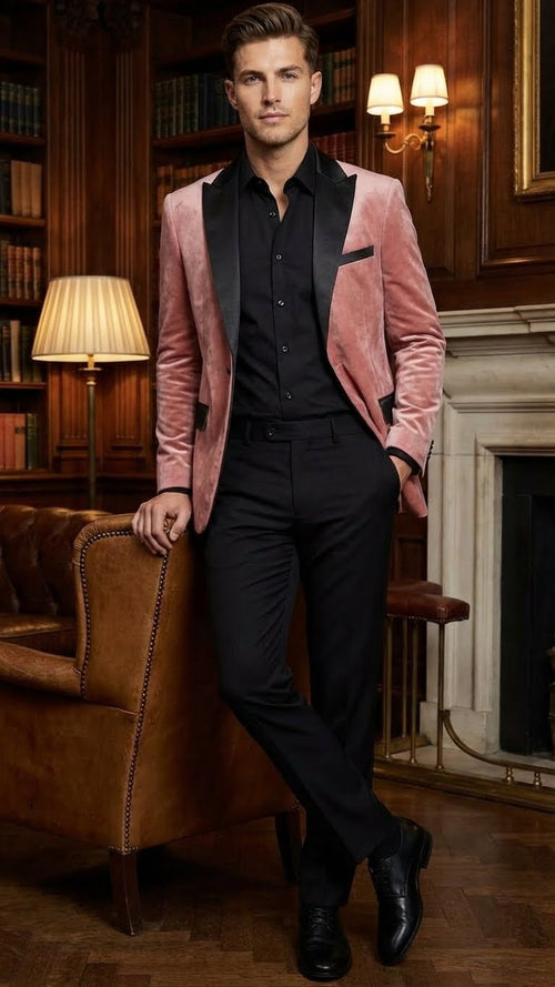 Mens Dusty Rose Pink Velvet Blazer with Black Satin Lapel | Formal Sport Coat in Mauve Color + Bowtie