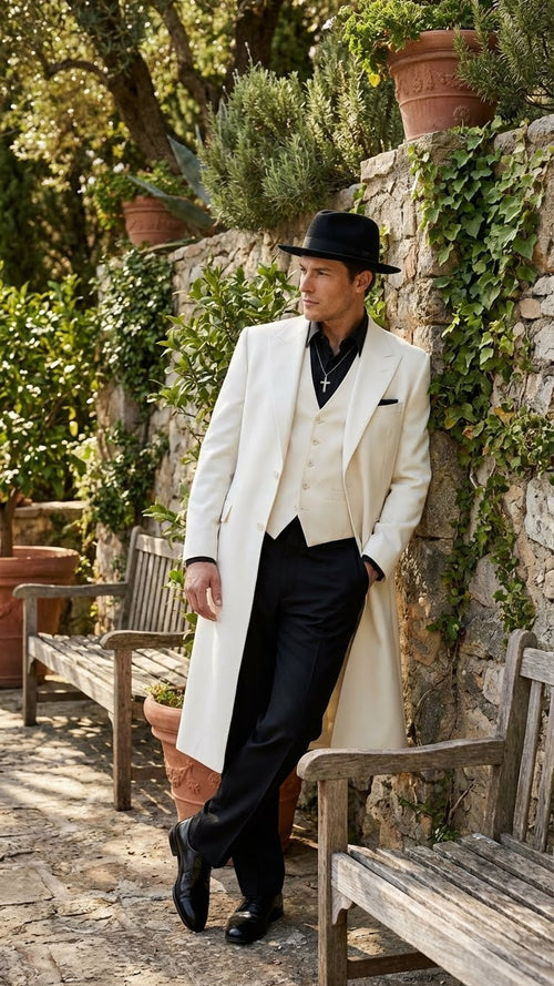 Mens White Long Zoot Suit Costume Set with Black Pants Wedding, Prom and Party Outfit 1920s - 1930s Gangster Style