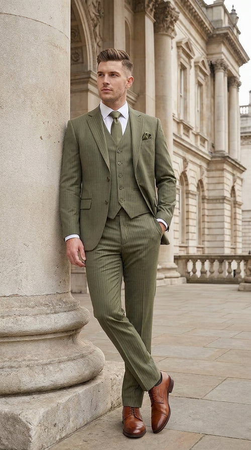 Men’s Olive Green Tone-on-Tone Shadow Pinstripe 3 Piece Suit – Modern Formal Suit with Vest Shadow Stripe