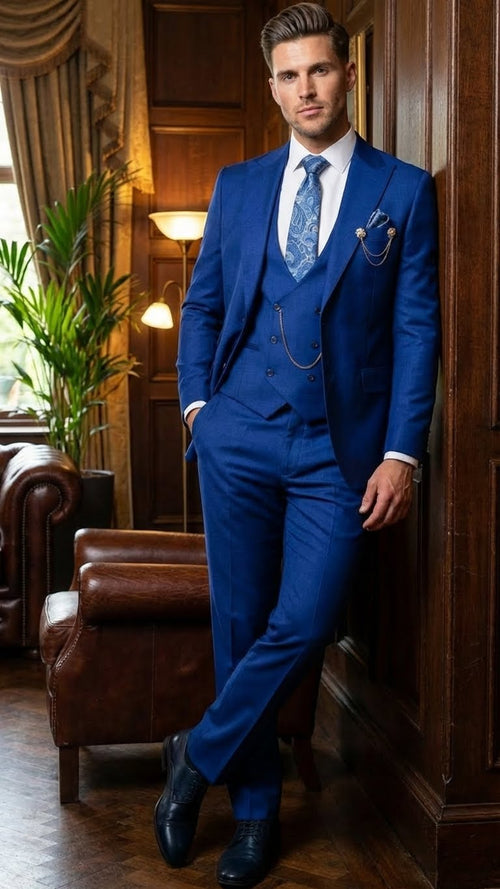 Mens Royal Blue 3 Piece Suit Set with Vest Formal Wedding and Party Wear Suit - Saphire Cobalt blue