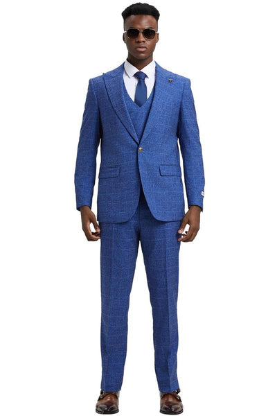 Men's Stacy Adams Peak Lapel Suit with Double Breasted Vest in Blue Windowpane Plaid