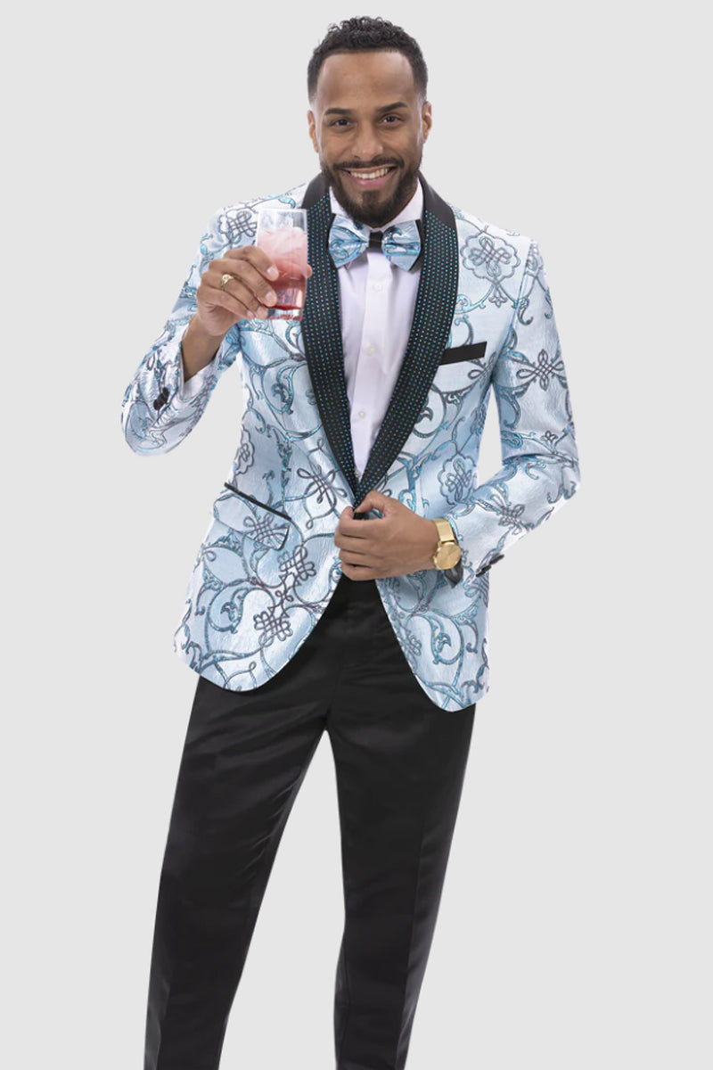 "Aqua Blue Brocade Pattern Men's Tuxedo Jacket for Prom"
