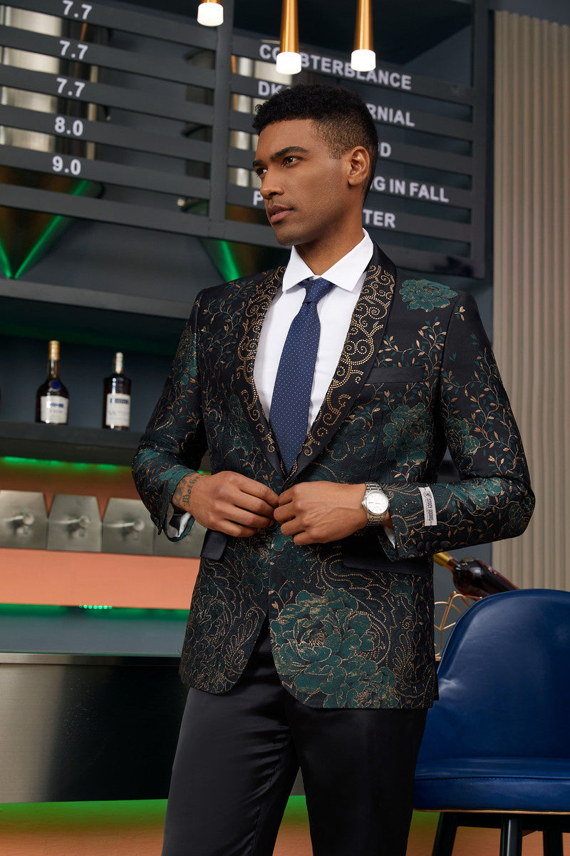 "Stacy Adams Men's Designer Tuxedo Jacket - Prom 2025 & Wedding, Green & Gold Floral Paisley" - XS