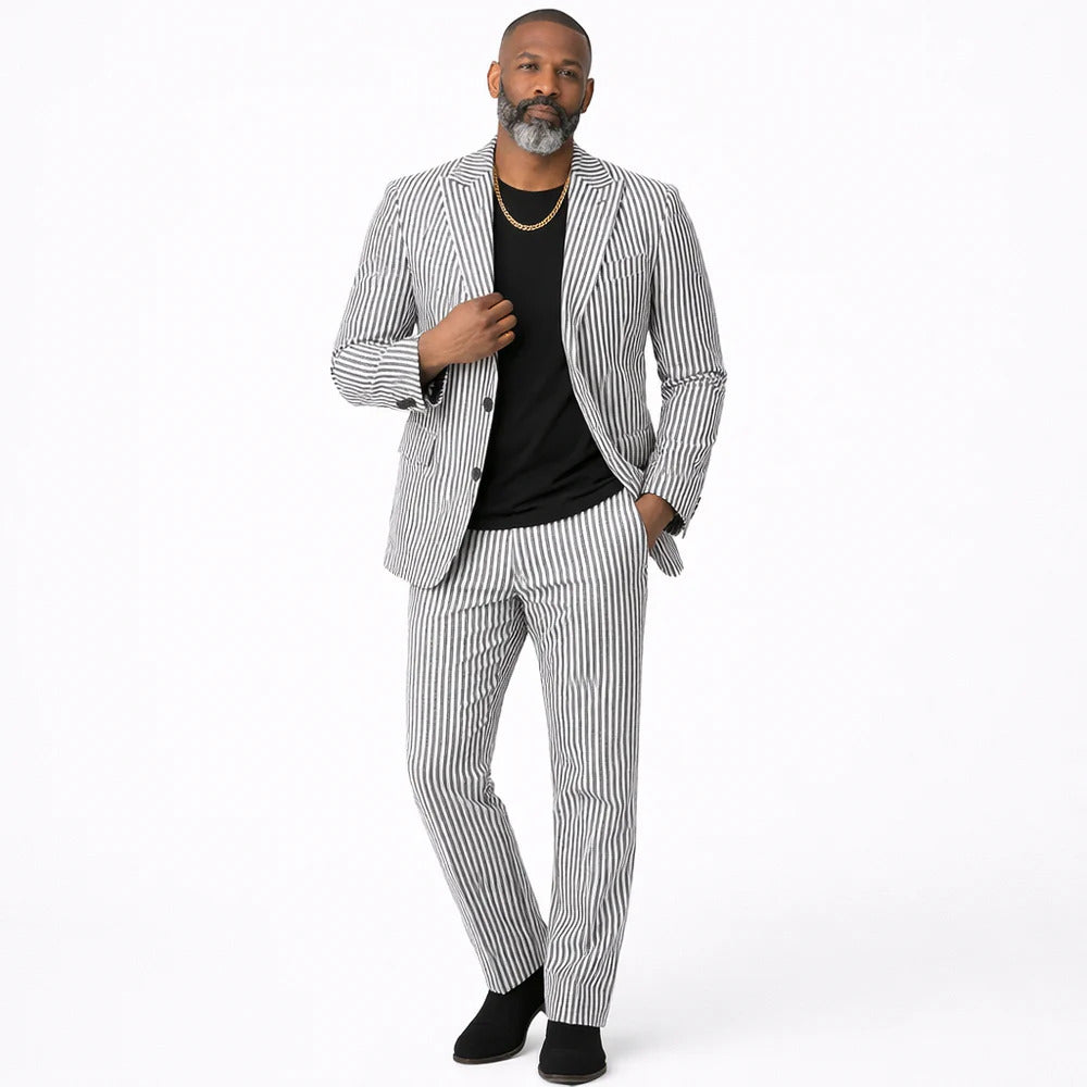 Mens Premium Cotton Seersucker Stripe Suit β Black