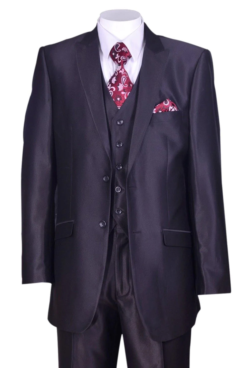 "Grey Sharkskin Slim Fit Men's Suit - 2 Button Vested Style"