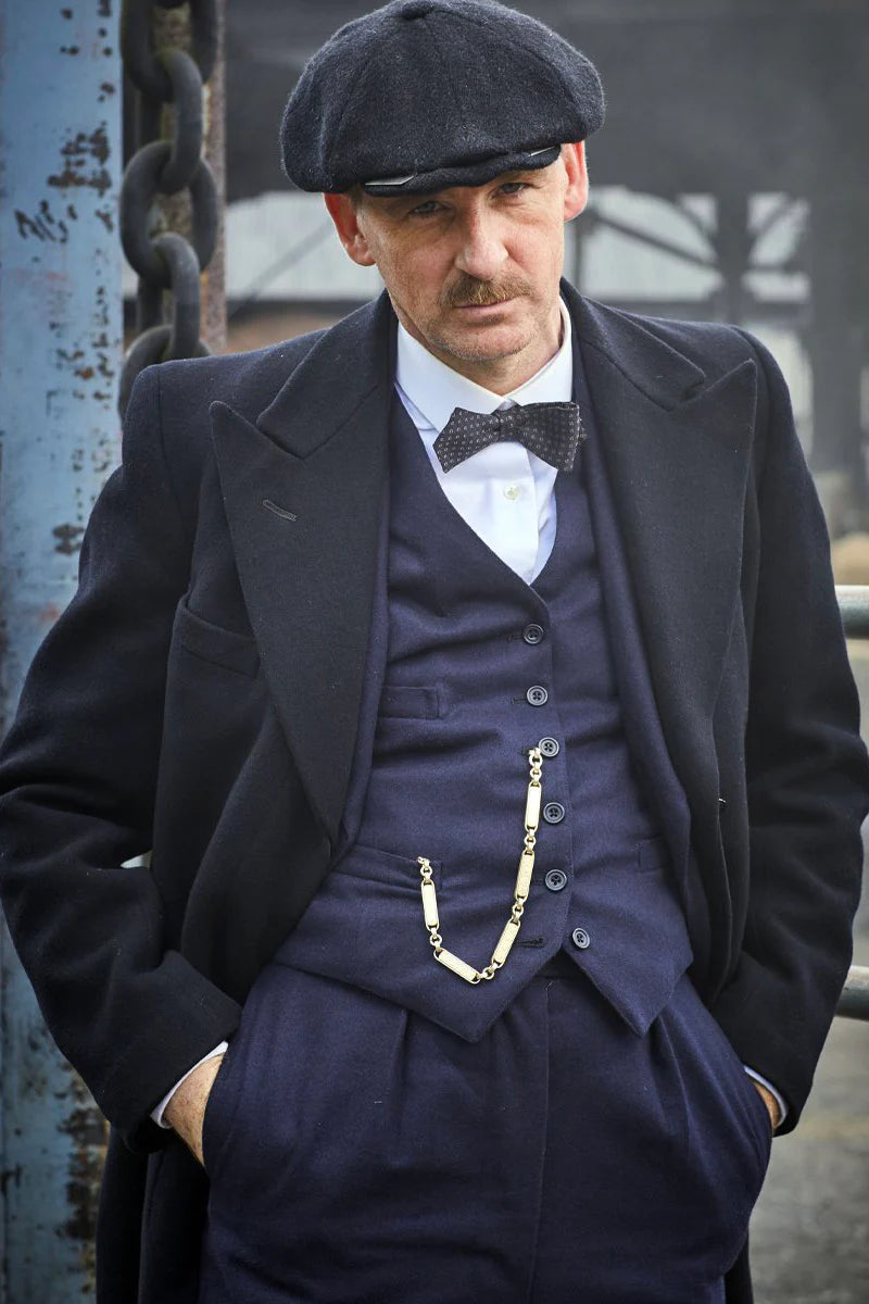 John Shelby Suit - John Shelby Suit Outfit - Mens Peaky Blinders Costume Arthur Shelby Vested Navy Suit with Black Overcoat & Hat