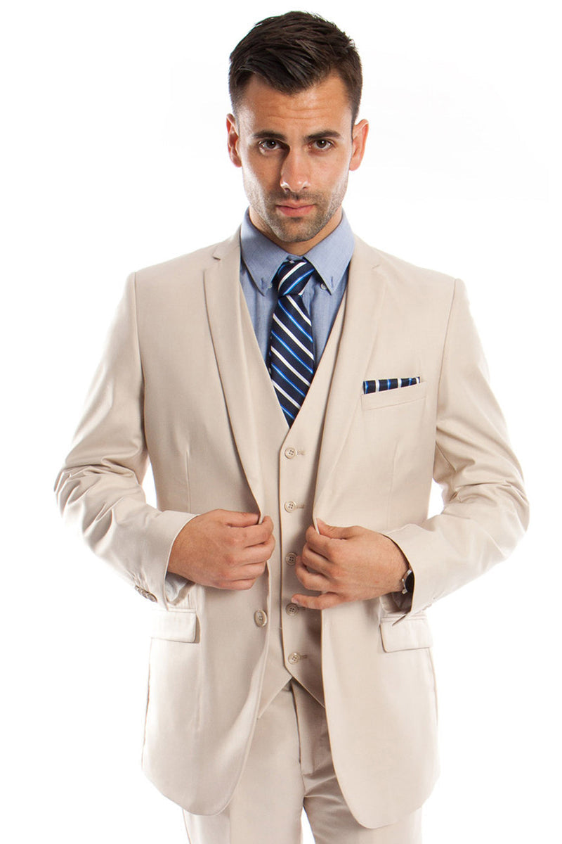 "Tan Slim Fit Men's Wedding Suit - Two Button Basic Vested"