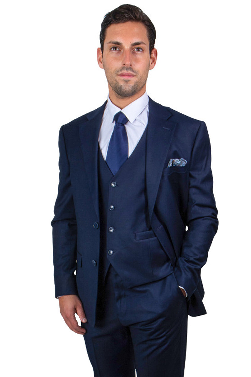 "Mens Stacy Adams Suit -Stacy Adams Suit Men's Two Button Vested Basic Suit in Navy Blue" - 34 Regular