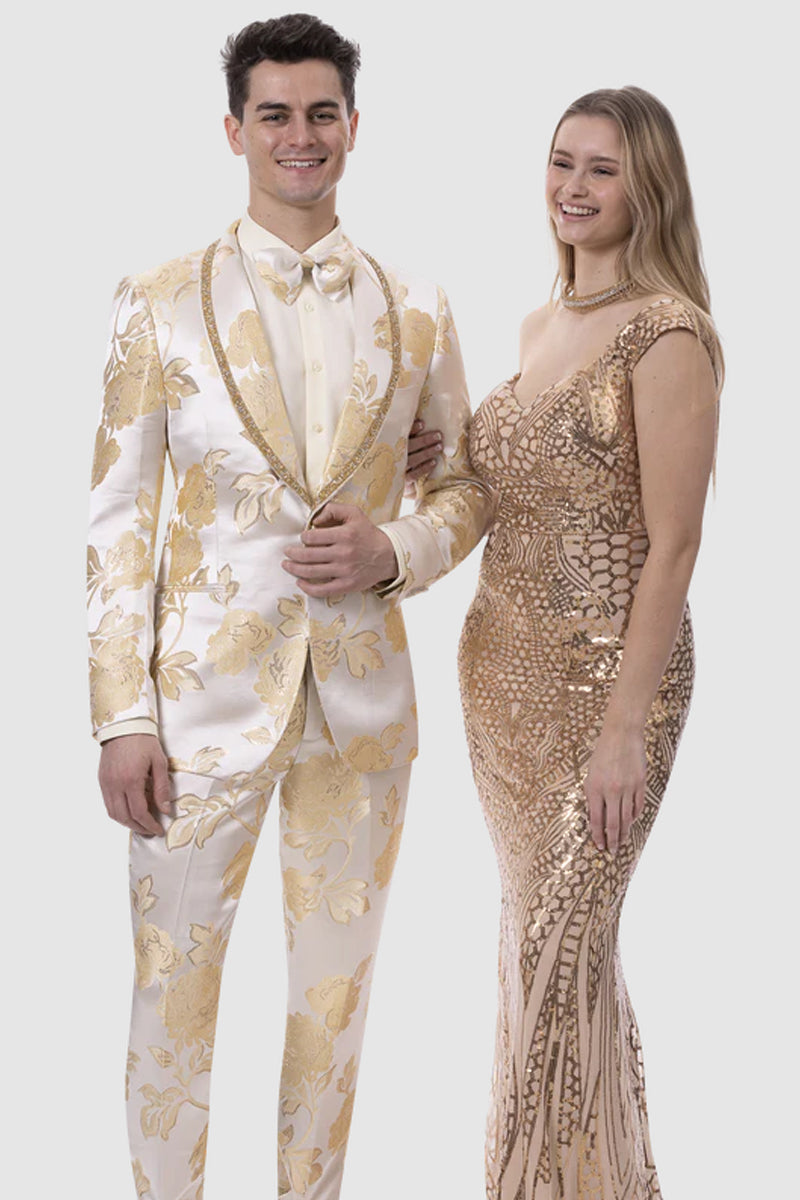 "Slim Fit Men's Wedding Tuxedo in Satin Paisley - Ivory & Gold"