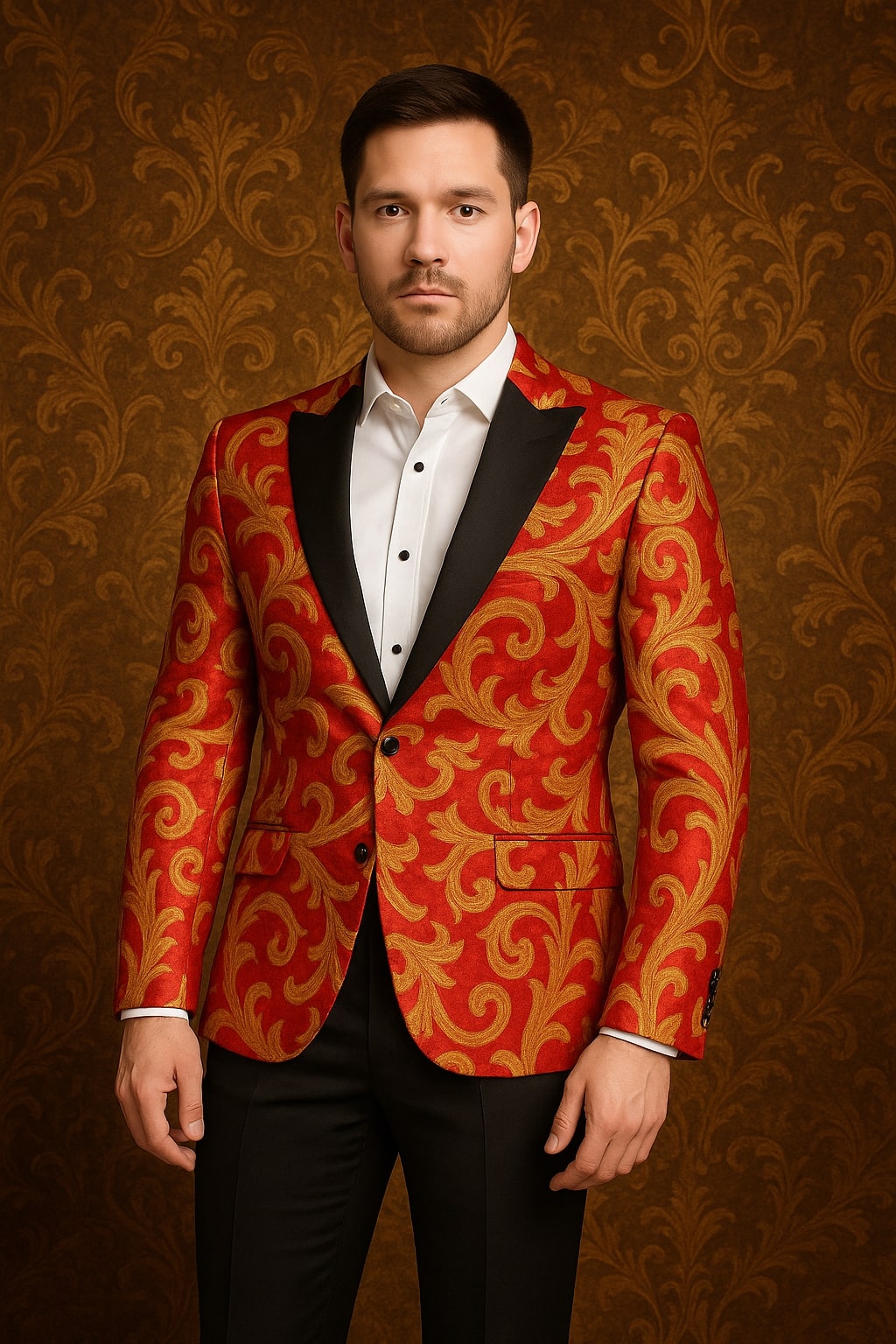 Men's Red and Gold Baroque Tuxedo Jacket with Black Satin Shawl Lapel - 34 Short or Extra Small