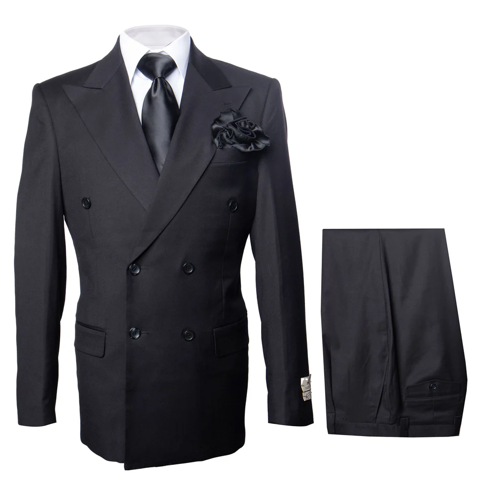 Suit With Pleated Pants Peak Lapel Wool Fabric Suit in Color Solid Black By Rossiman Athletic Classic Fit