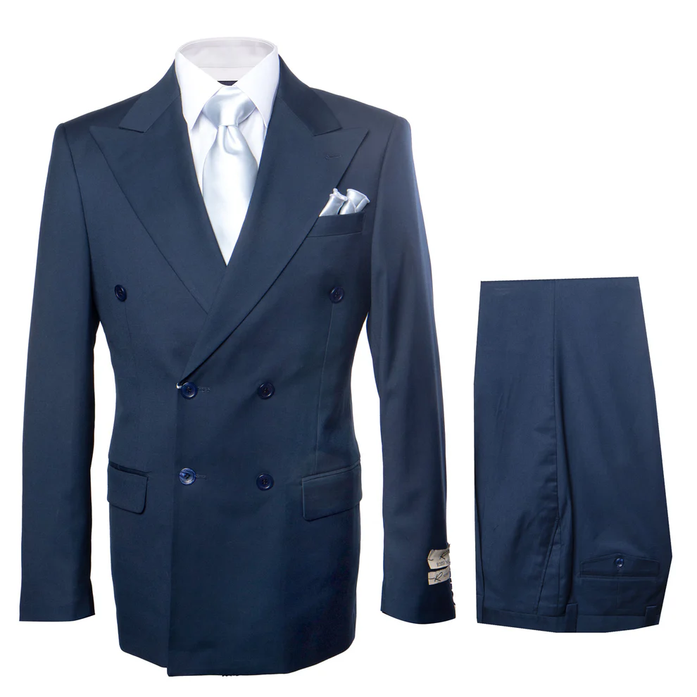 Suit With Pleated Pants Peak Lapel Wool Fabric Suit in Color Solid Navy By Rossiman Athletic Classic Fit