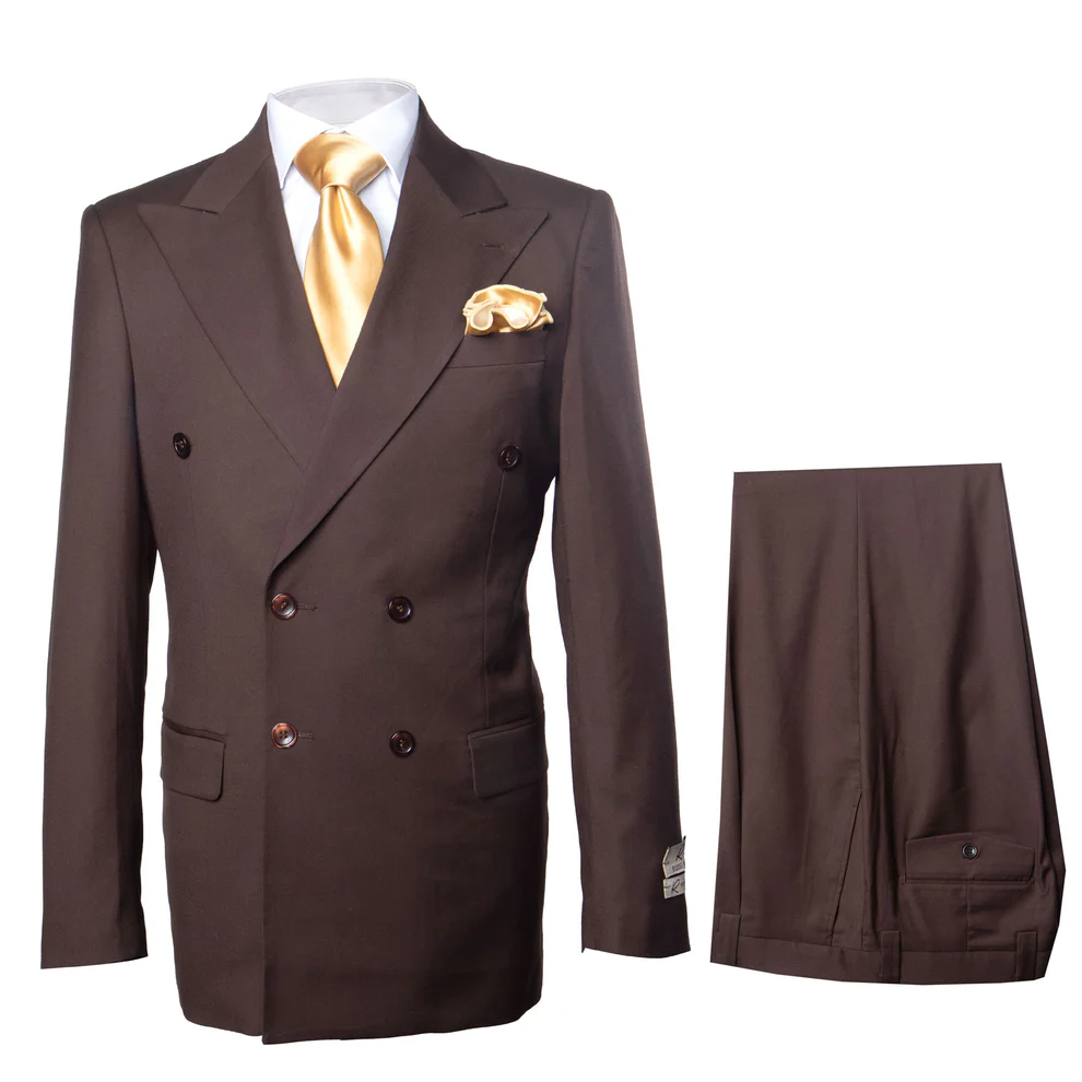 Suit With Pleated Pants Peak Lapel Wool Fabric Suit in Color Solid Brown By Rossiman Athletic Classic Fit